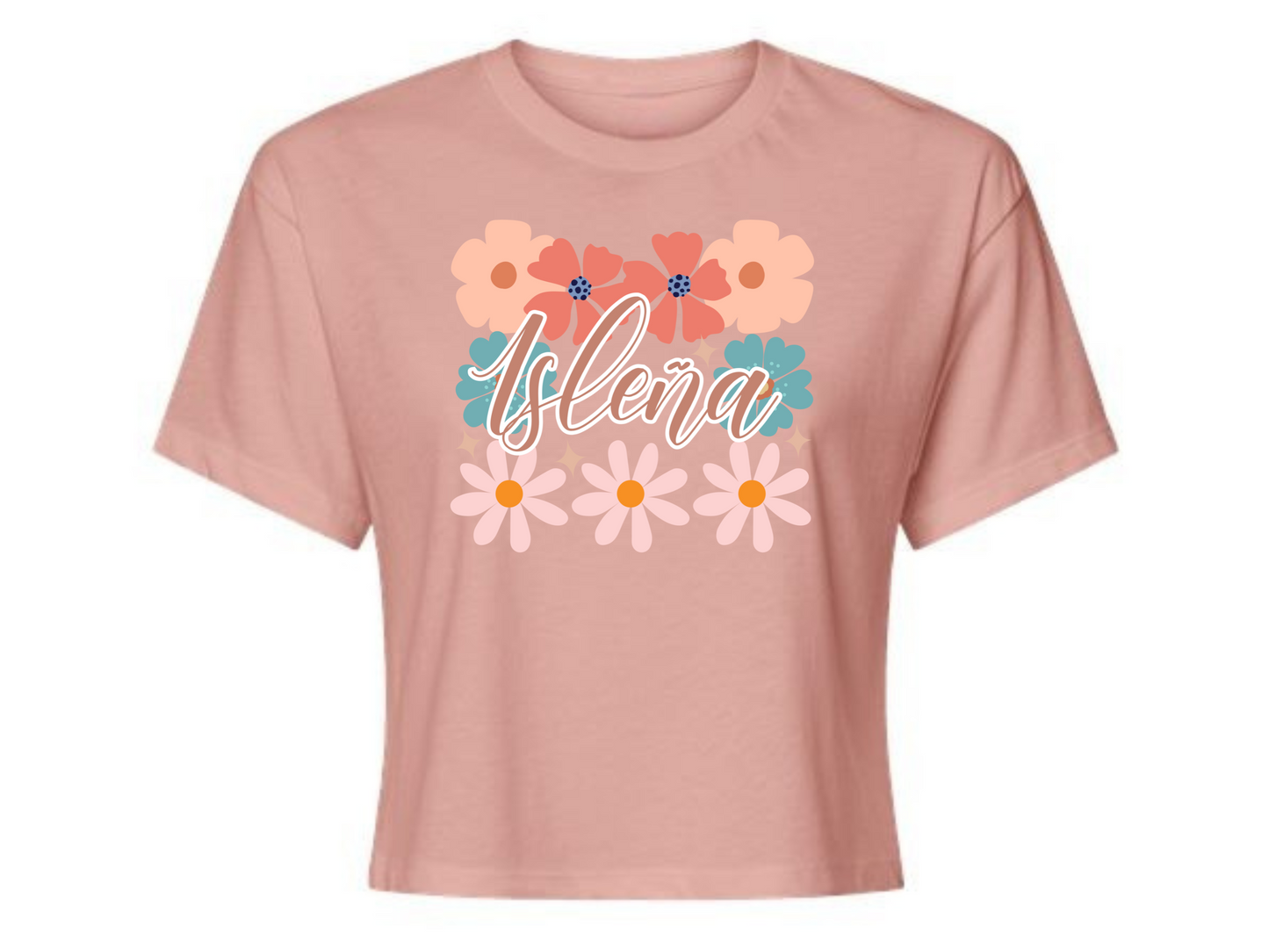 Crop Top “Isleña” con Diseño Floral – Camiseta Estilo Verano Disponible en Negro, Gris, Rosa y Blanco